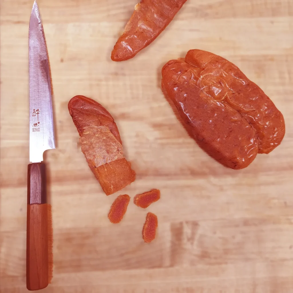 Prepared Karasumi sliced for use in our house made Udon dish